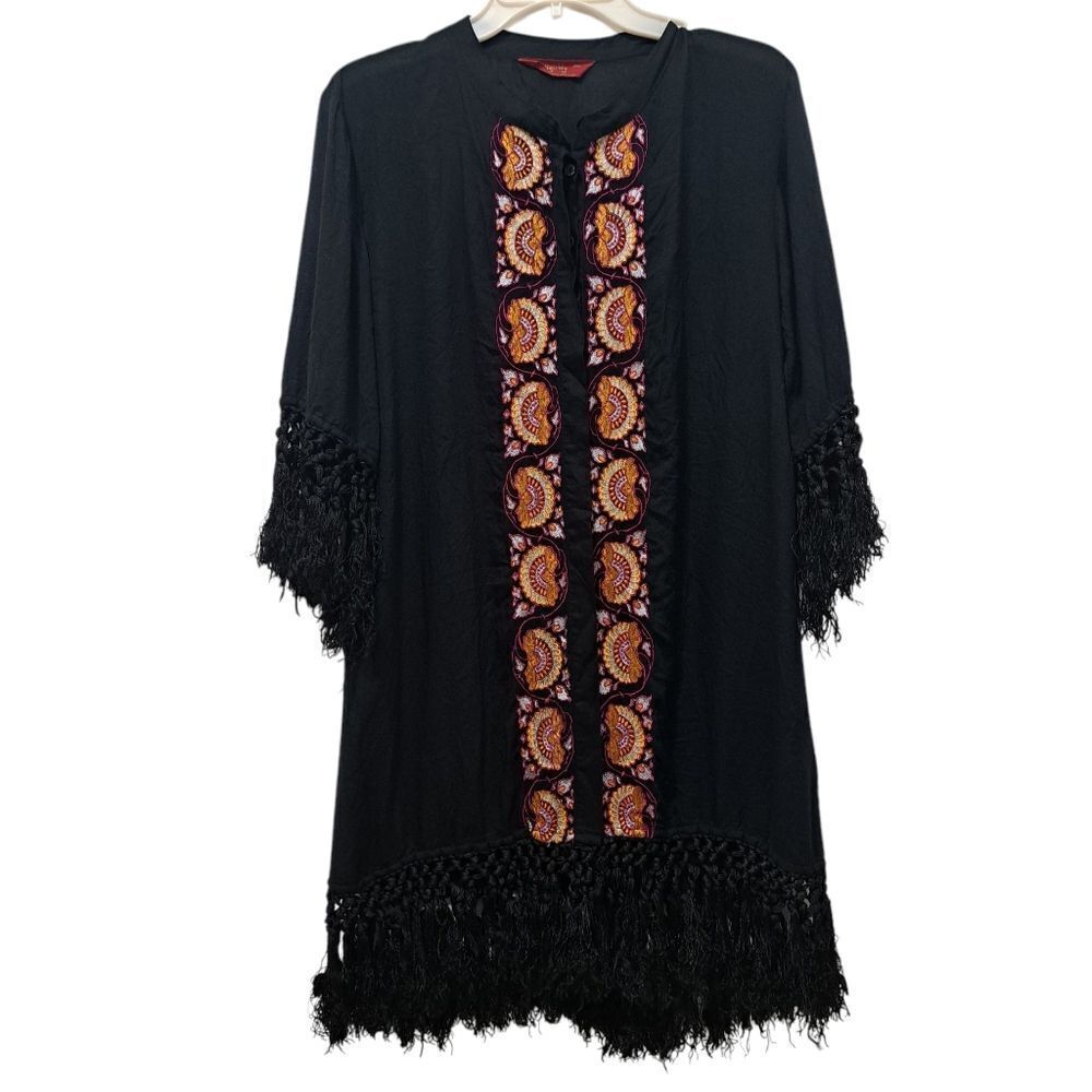 Tigerlily Embroidered Button Down Fringe Cardigan Cruise Dress Small Black